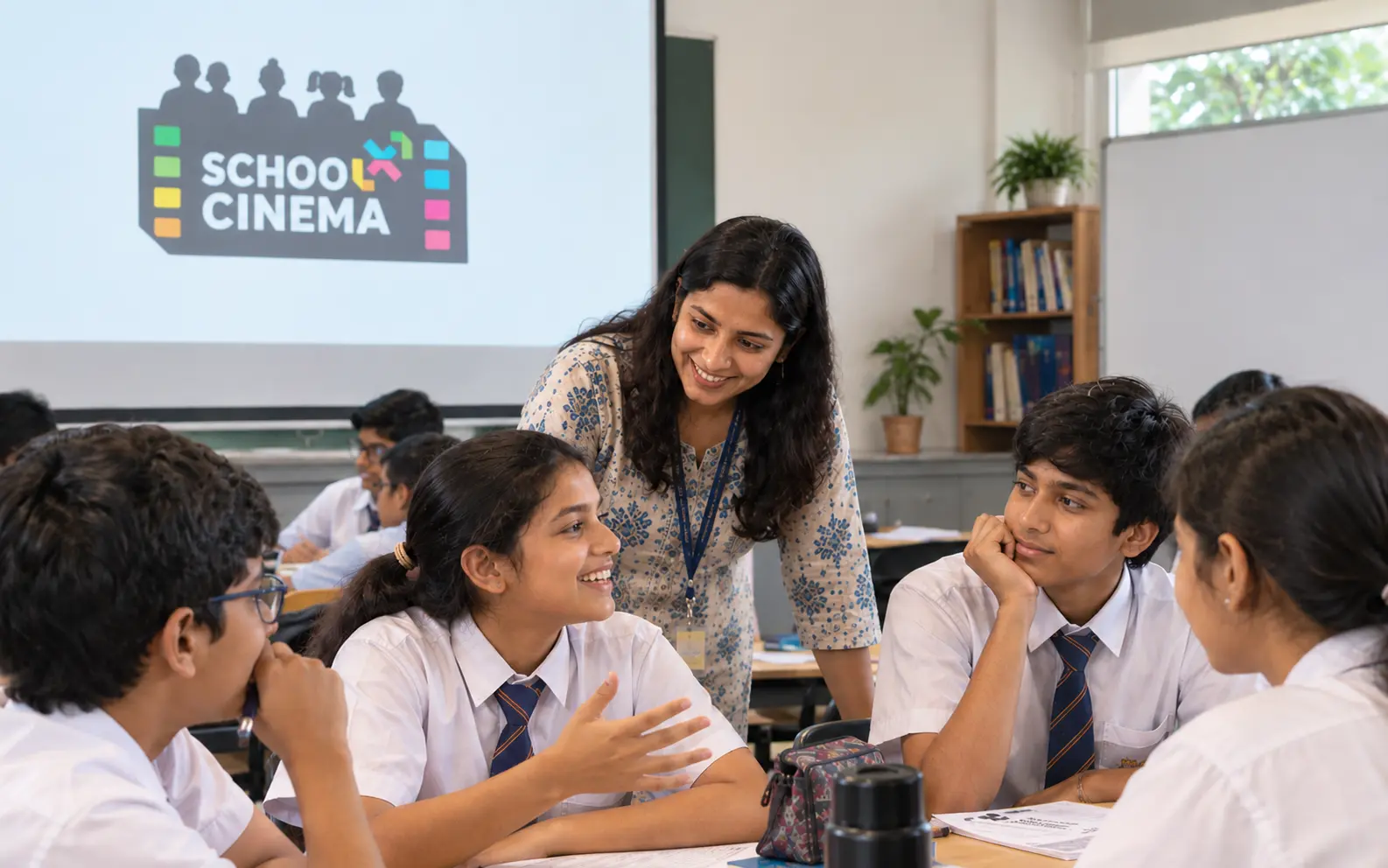 A teacher guiding students through a School Cinema classroom discussion